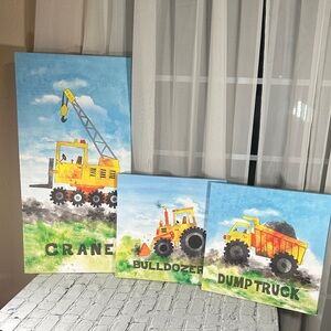 Construction Vehicle Canvas Art Set of 3 Pictures Boys Bedroom Art